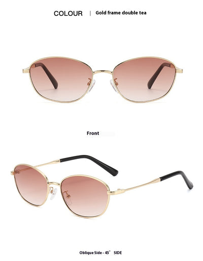 Small oval metal sunglasses for women with a gold frame and brown gradient lenses, featuring black temple tips. - Image 9
