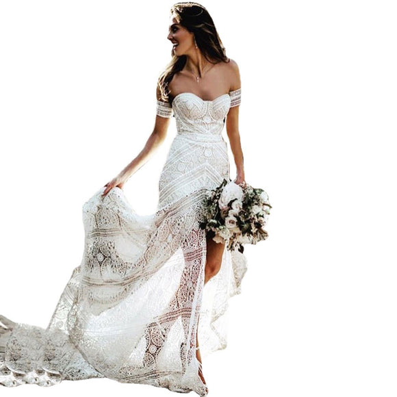 Vestido de Novia Sirena de Encaje Sexy con Detalles Delanteros