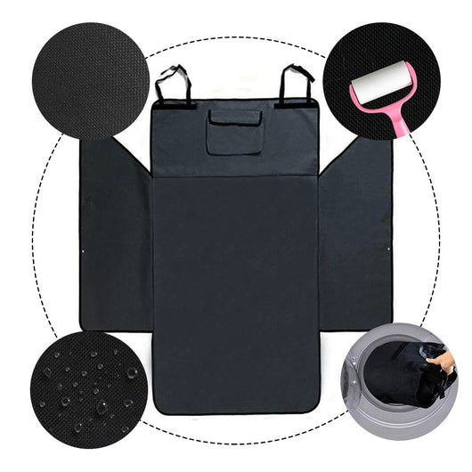 Black waterproof 600D Oxford cloth pet mat covering a vehicle's cargo area, featuring side flaps and a storage pocket. - Image 4
