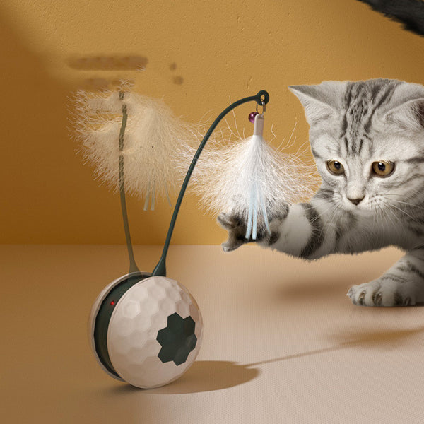 Electric cat toy with a white golf ball-textured base, a dark green flexible arm, and a white feather attachment.