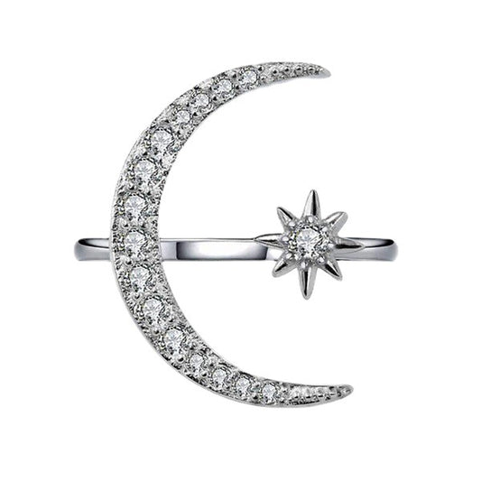Anillos de Moda Europeos y Americanos con Estrellas y Luna de Circonia