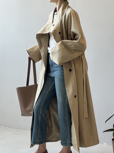 Abrigo Trinchera Largo Mujer Cuello Alzado Oversized Abotonado Simple - Image 19