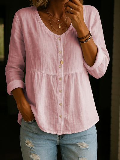 Camisa Holgada de Algodón y Lino con Cuello V y Botones - Image 7