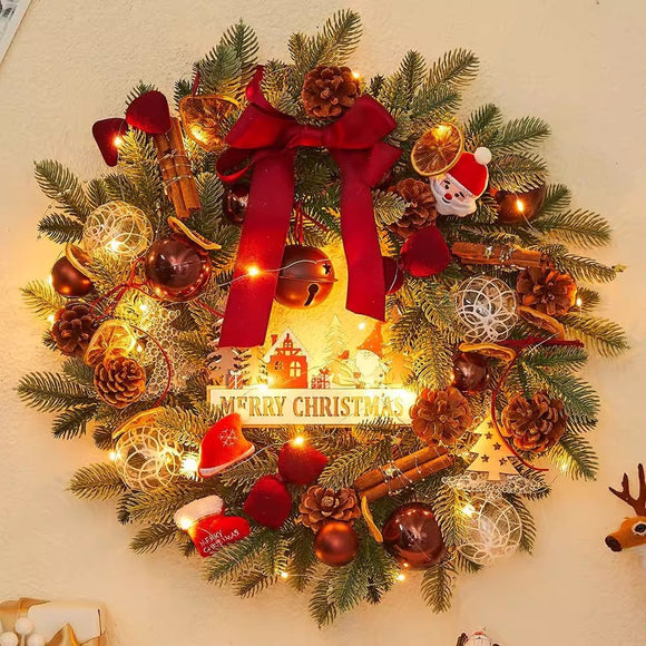 Corona Navideña Premium con Moño, Piñas y Esferas Decorativas