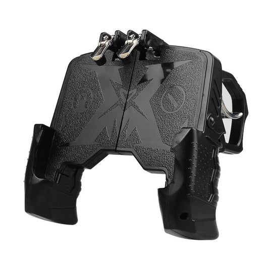 Black mobile phone game controller with silver triggers and a joystick, holding a smartphone displaying a game.