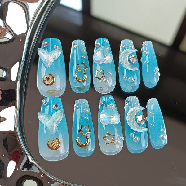 Uñas Postizas Fototerapia Sirena Degradado Estrella Luna Perla