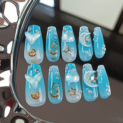 Uñas Postizas Fototerapia Sirena Degradado Estrella Luna Perla