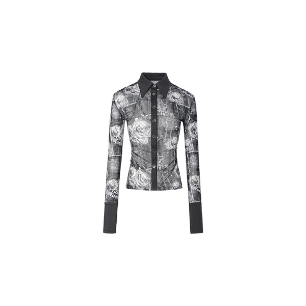 Blusa Plisada con Malla Estampada y Cintura Ajustable