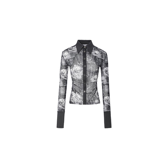 Blusa Plisada con Malla Estampada y Cintura Ajustable