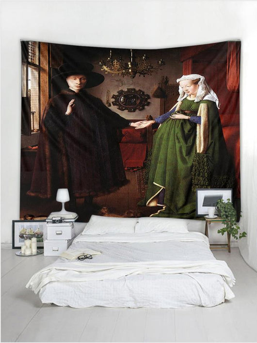 Large tapestry featuring Jan van Eyck's 'The Arnolfini Portrait' hanging above a white bed in a modern bedroom. - Image 2