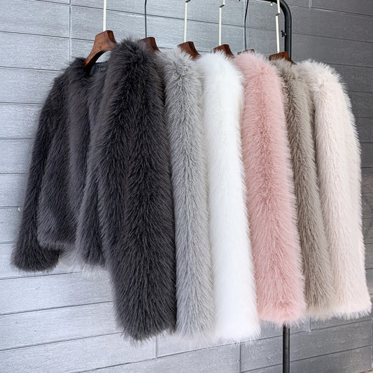 Abrigo de Piel Corto para Mujer Talla Grande Color Sólido
