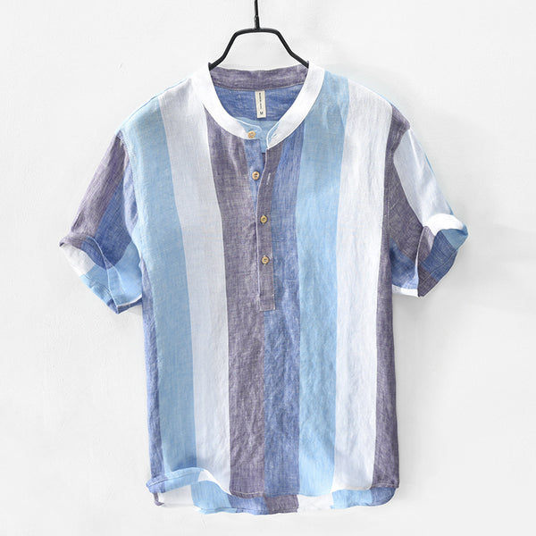 Camisa de Lino Manga Corta con Cuello de Pie para Hombre