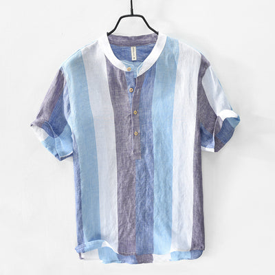 Camisa de Lino Manga Corta con Cuello de Pie para Hombre