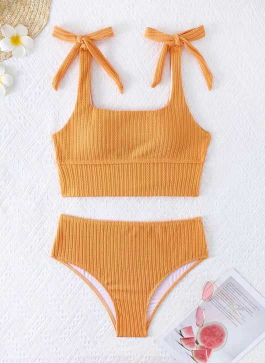 Green textured knit two-piece swimsuit with a square-neck crop top and high-waisted bottoms, featuring tie-shoulder straps. - Image 26