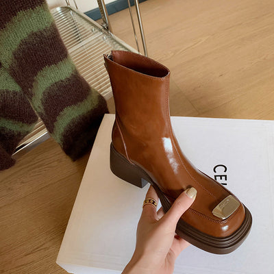 Botas Vintage de Tacón Cuadrado Grueso para Mujer