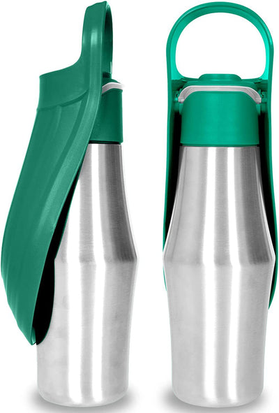Portable pet water bottle with a stainless steel body and a gray silicone leaf-design drinking bowl and handle. - Image 5