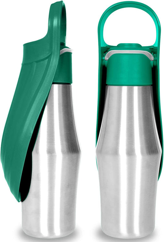 Portable pet water bottle with a stainless steel body and a gray silicone leaf-design drinking bowl and handle. - Image 5