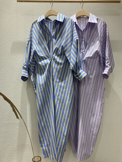 Vestido Camisero Plisado a Rayas Contraste - Manga Larga Holgado - Image 13