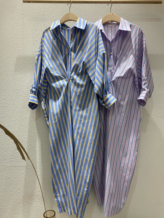 Vestido Camisero Plisado a Rayas Contraste - Manga Larga Holgado - Image 13