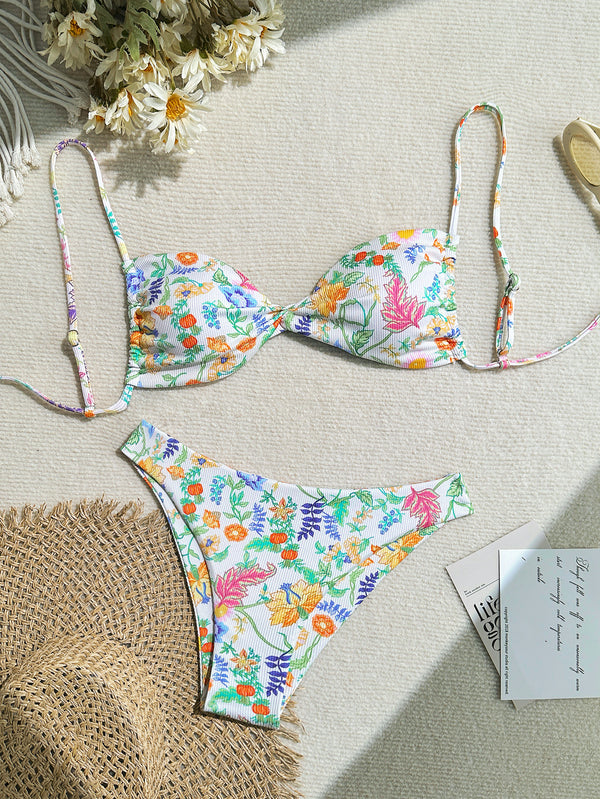 White ribbed two-piece bikini with colorful floral print, featuring a bandeau top and high-cut bottom. - Image 6