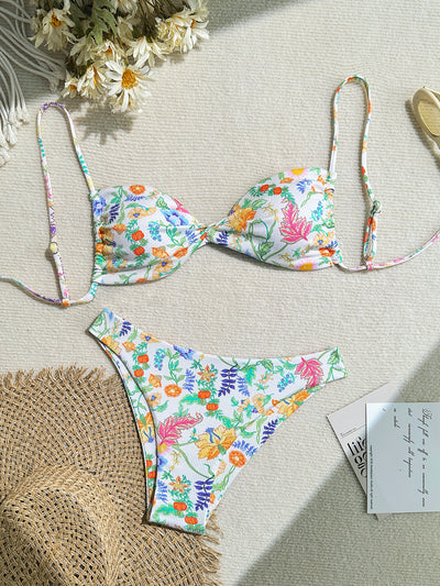 White ribbed two-piece bikini with colorful floral print, featuring a bandeau top and high-cut bottom. - Image 6