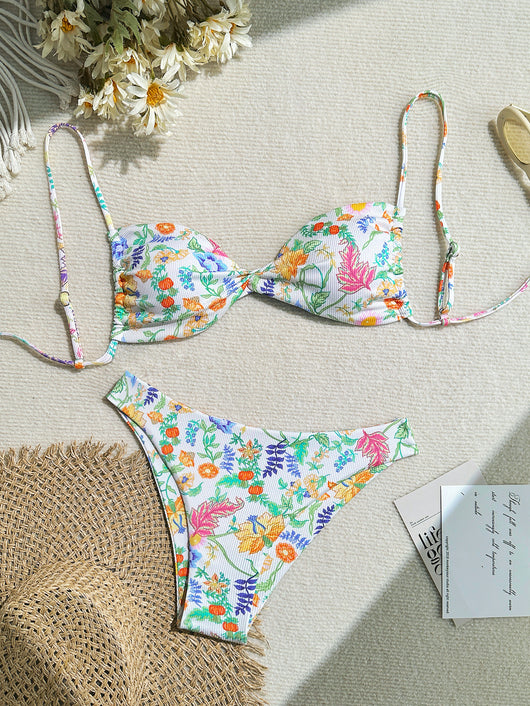 White ribbed two-piece bikini with colorful floral print, featuring a bandeau top and high-cut bottom. - Image 6