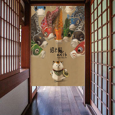 Red fabric door curtain with white polka dots and a repeating pattern of a lucky cat holding a gold coin, surrounded by flowers. - Image 24