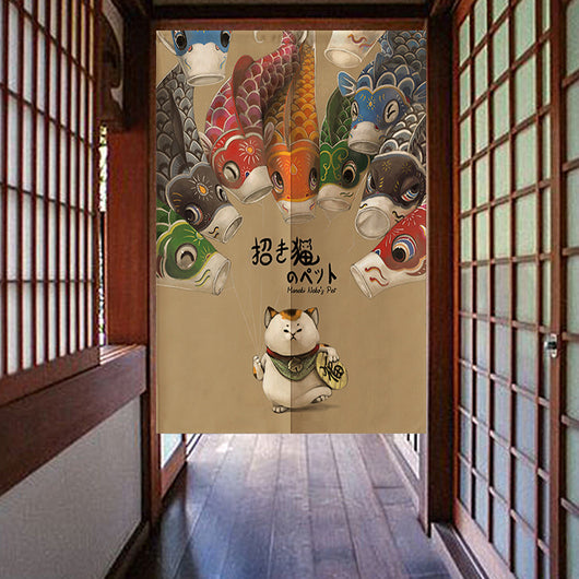 Red fabric door curtain with white polka dots and a repeating pattern of a lucky cat holding a gold coin, surrounded by flowers. - Image 24
