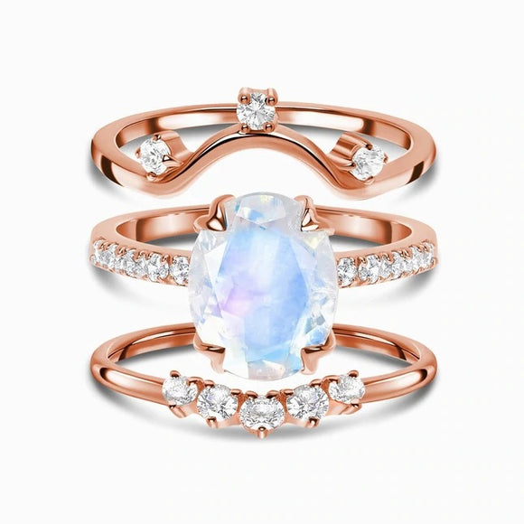 Anillo de Plata Esterlina Multicapa con Piedra de Luna y Baño de Oro Rosa para Mujer