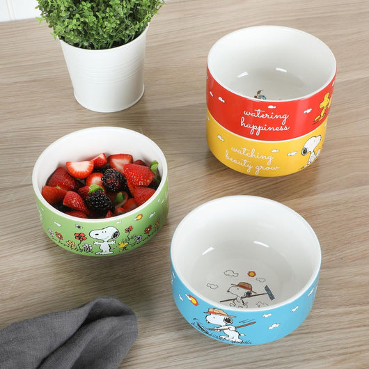 Set de 4 cuencos apilables de gres Peanuts – Snoopy y amigos, 14 cm, aptos para microondas y lavavajillas - Tekeno