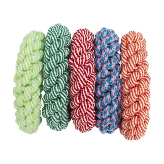 Stack of five durable braided rope dog toys in brown, green, orange, blue, and red, suitable for chewing. - Image 3