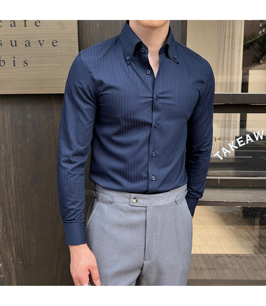 Camisa de Vestir Manga Larga a Rayas para Hombre con Cuello Italiano - Image 16