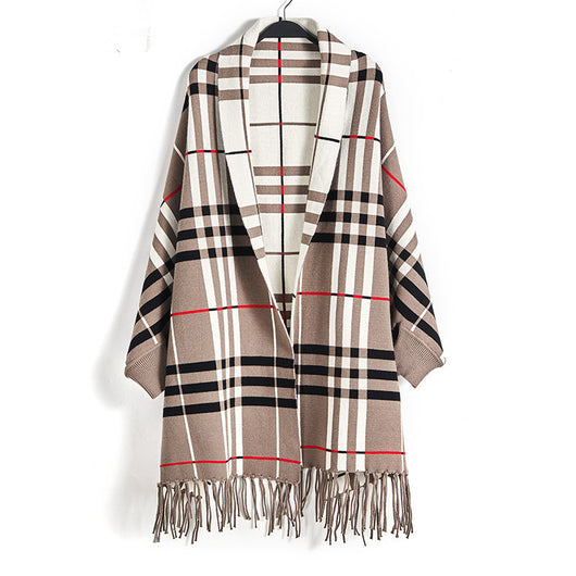 Cardigan Cuadros Tejido Mujer con Flecos - Abrigo Chal Largo - Image 12