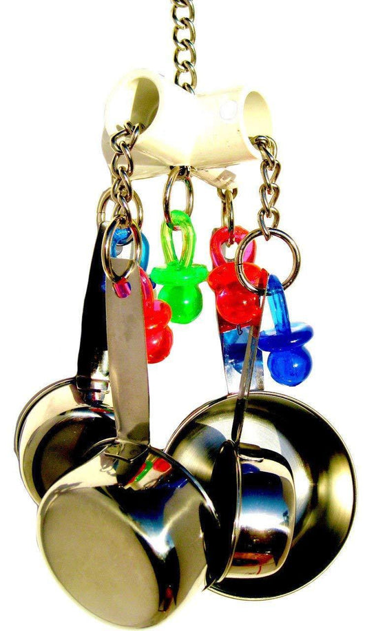 Parrot bite toy with four stainless steel cups, colorful plastic pacifier charms, and metal chains, next to an African Grey Parrot. - Image 5