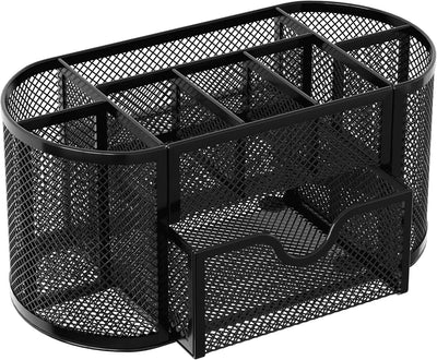 Organizador de escritorio EasyPAG de malla – Multifuncional, 6 compartimientos con cajón, ideal para papelería escolar y oficina, color negro - Tekeno