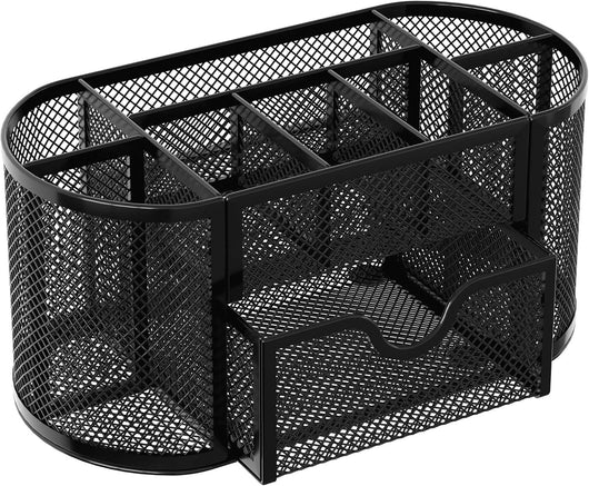 Organizador de escritorio EasyPAG de malla – Multifuncional, 6 compartimientos con cajón, ideal para papelería escolar y oficina, color negro - Tekeno