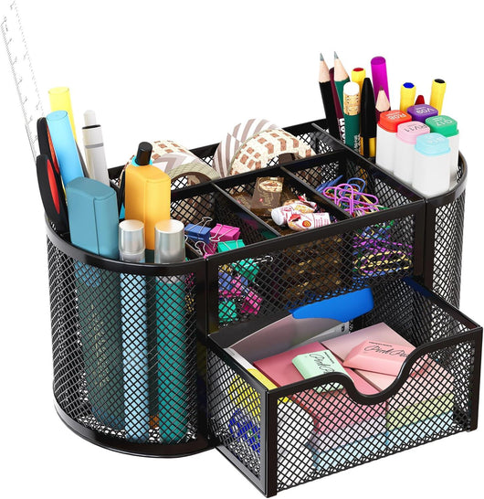 Organizador de escritorio EasyPAG de malla – Multifuncional, 6 compartimientos con cajón, ideal para papelería escolar y oficina, color negro - Tekeno