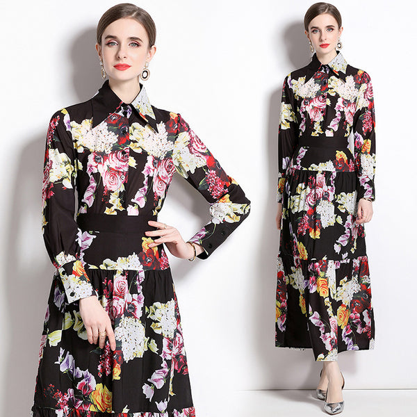 Conjunto Elegante Falda y Blusa Estampado Rosas Vintage