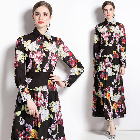 Conjunto Elegante Falda y Blusa Estampado Rosas Vintage - Image 2