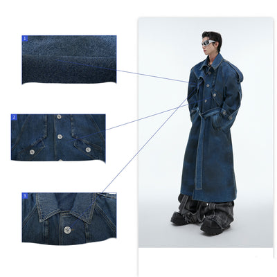 Abrigo Denim Largo con Hombros Acolchados Doble Capa - Image 2
