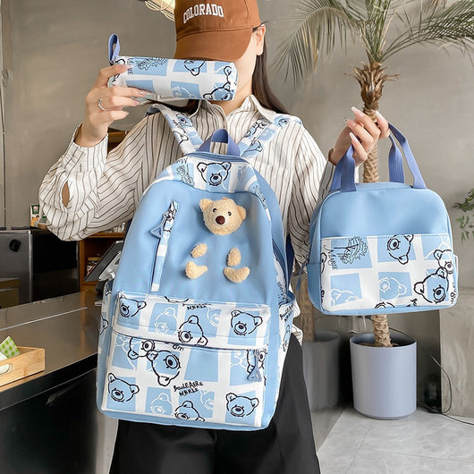 Set de 3 Piezas: Mochila Escolar con Diseño Osito y Lonchera para Niñas