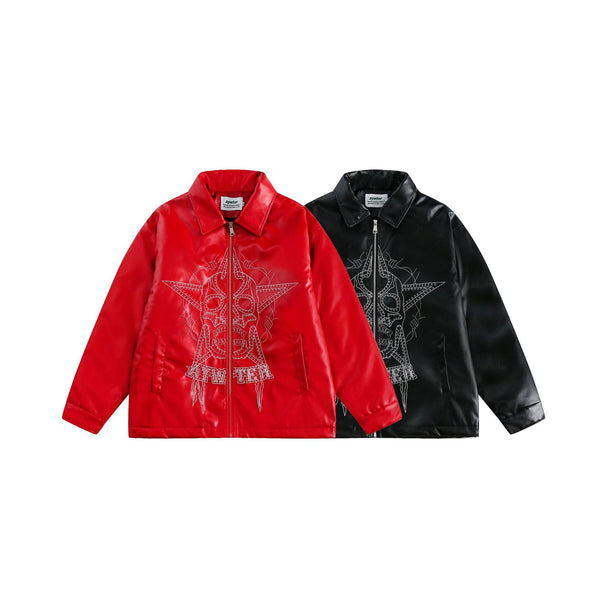 Chaqueta de Cuero Punk con Bordado de Calavera y Forro Grueso
