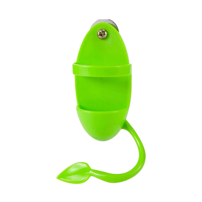 Bright green plastic bird food rack with a lower tray and a leaf-shaped perch, designed for cuttlefish. - Image 12