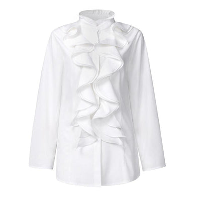 Blusa Clásica de Botones con Volantes y Colores Sólidos - Image 4