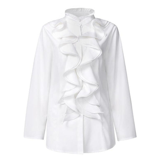 Blusa Clásica de Botones con Volantes y Colores Sólidos - Image 4