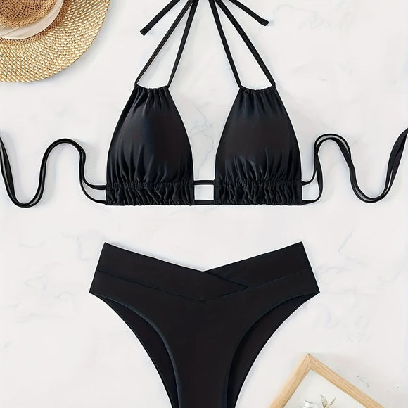 Bikini Negro Escotado con Cordones y Realce Push Up