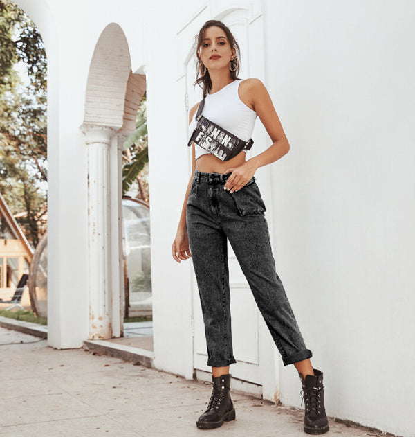 Pantalón Denim Cintura Alta con Bolsillos Cargo