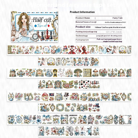 Alice in Wonderland themed 'Half Cut' decorative tape set with various characters, scenes, and floral designs. - Image 7