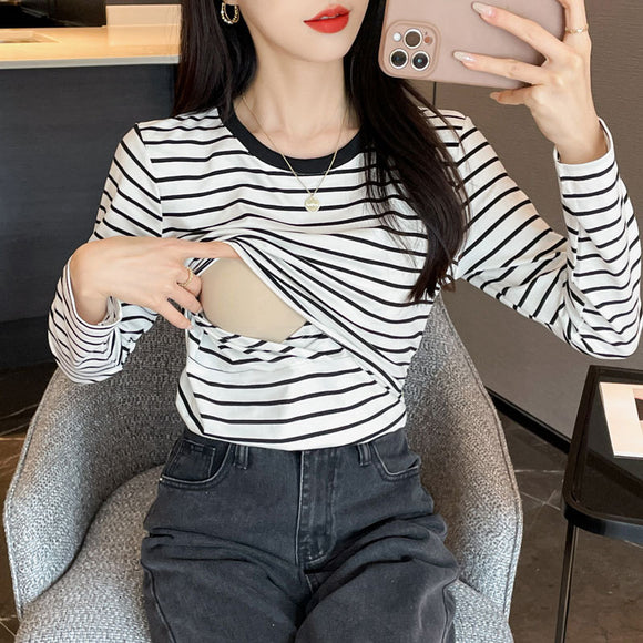 Blusa de Lactancia a Rayas Manga Larga Primavera Otoño