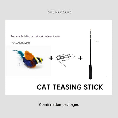 Red plush bird cat toy on a long steel wire stick with an elastic rope, designed for interactive pet play. - Image 18